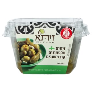 זיתים בלי גלעין עם מלפפונים חמוצים 190 גר'